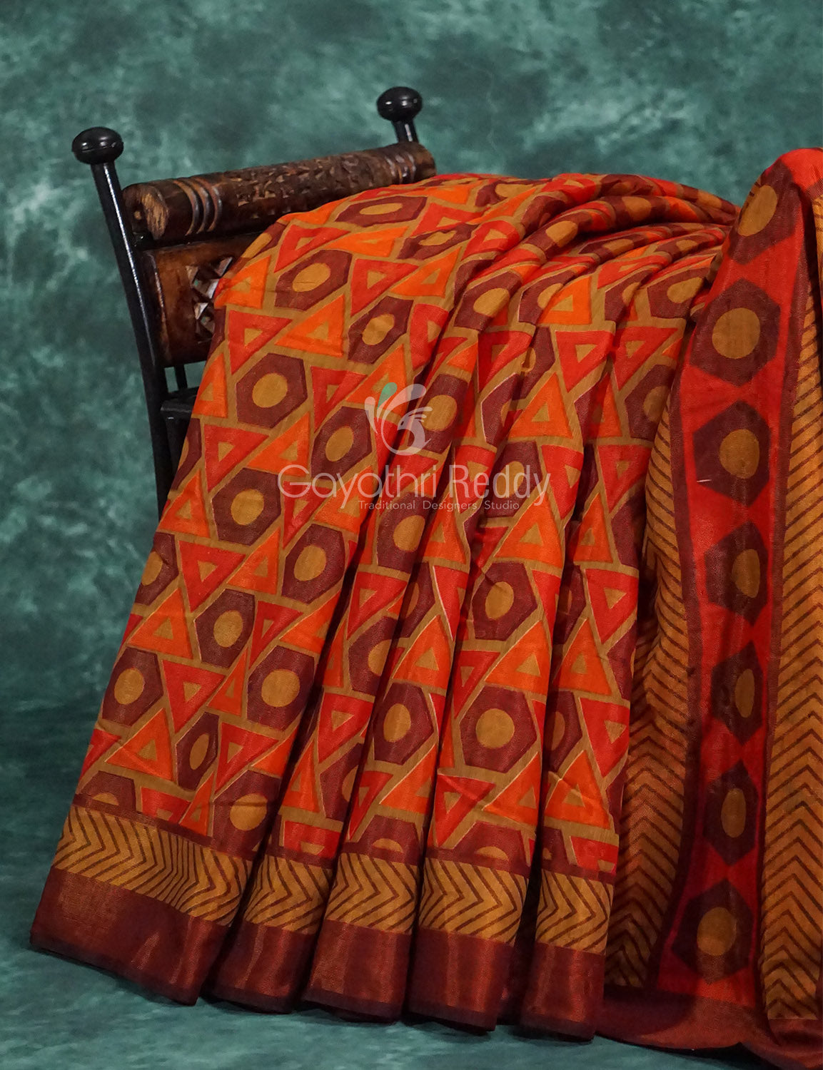 Orange and brown mix geometrical print Semi Chanderi Saree. By Gayathri Reddy Designer Studio