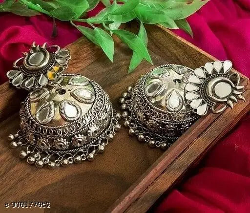 Tehzeeb Creations Women's Silver Colour Oxidised Earrings With Mirror Work
