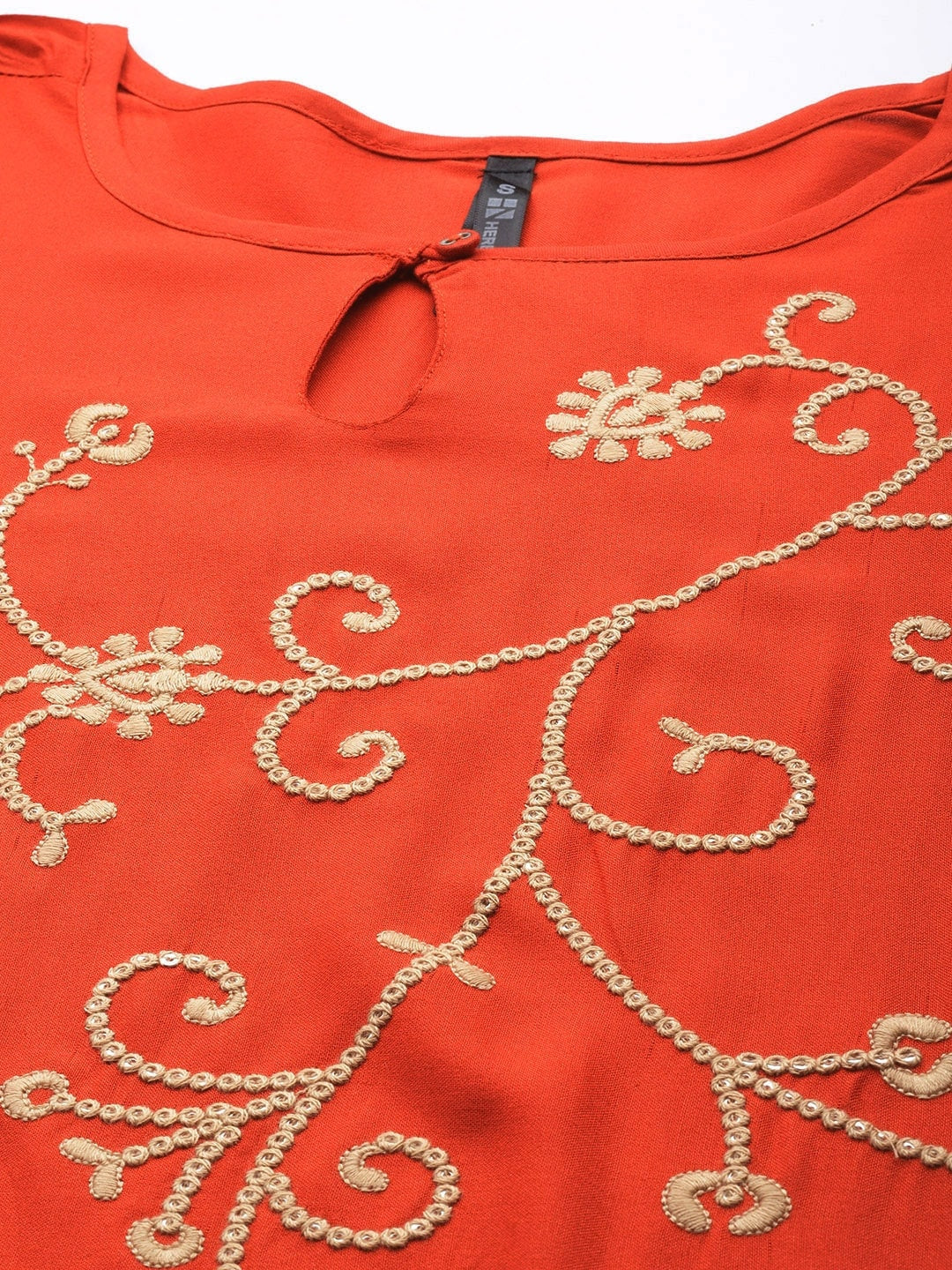 HERE&NOW Mirror Work Embroidered Keyhole Neck Asymmetric Dipped Hem Kurta