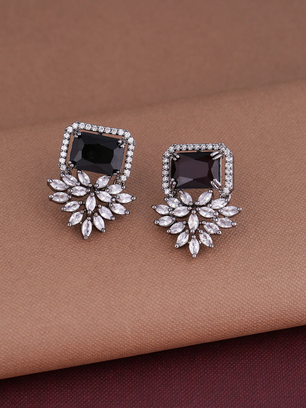 Shoshaa Silver-Plated & Black CZ Studded Contemporary Drop Earrings