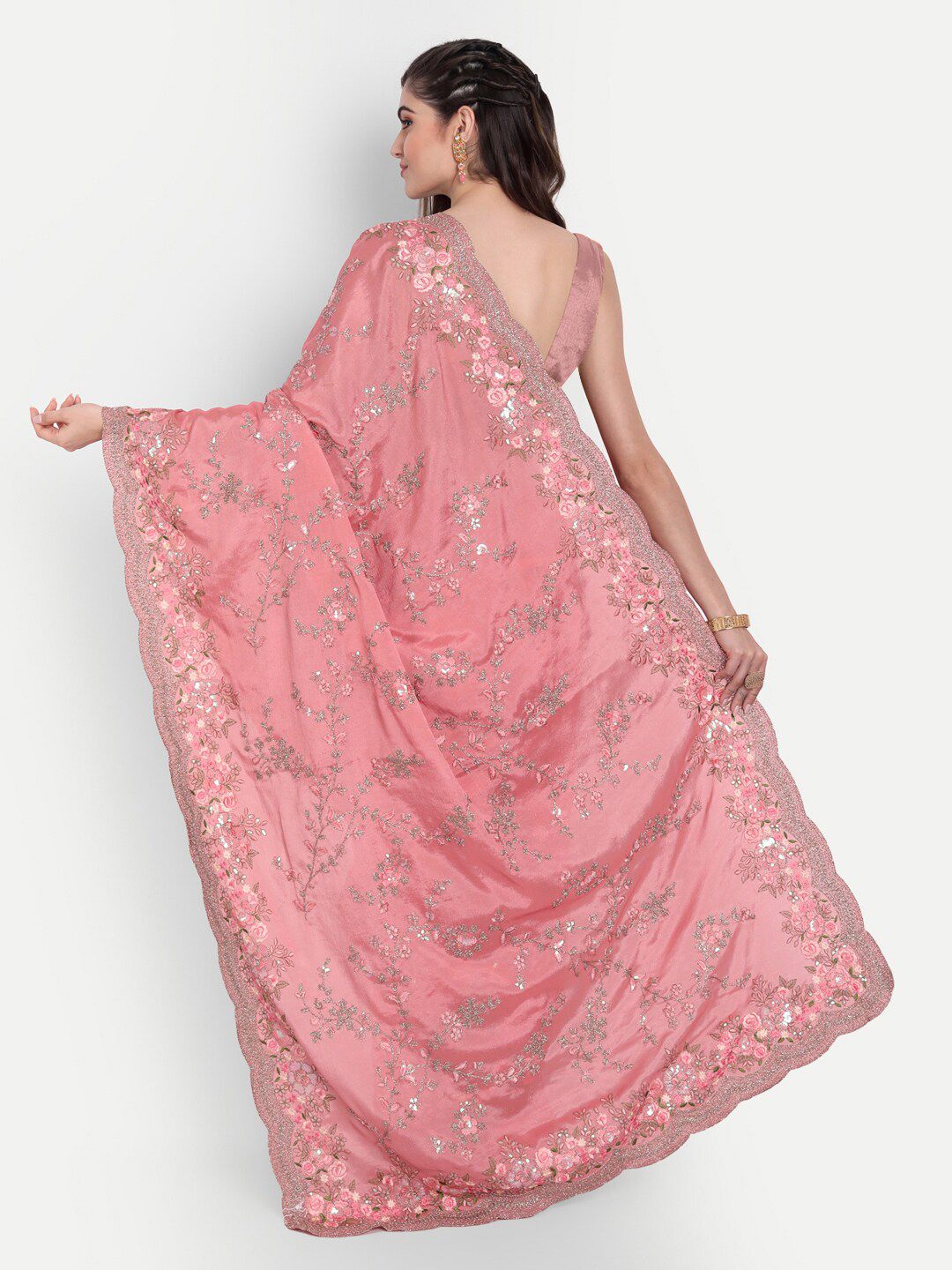 kasee Pink & Green Floral Sequinned Pure Chiffon Saree