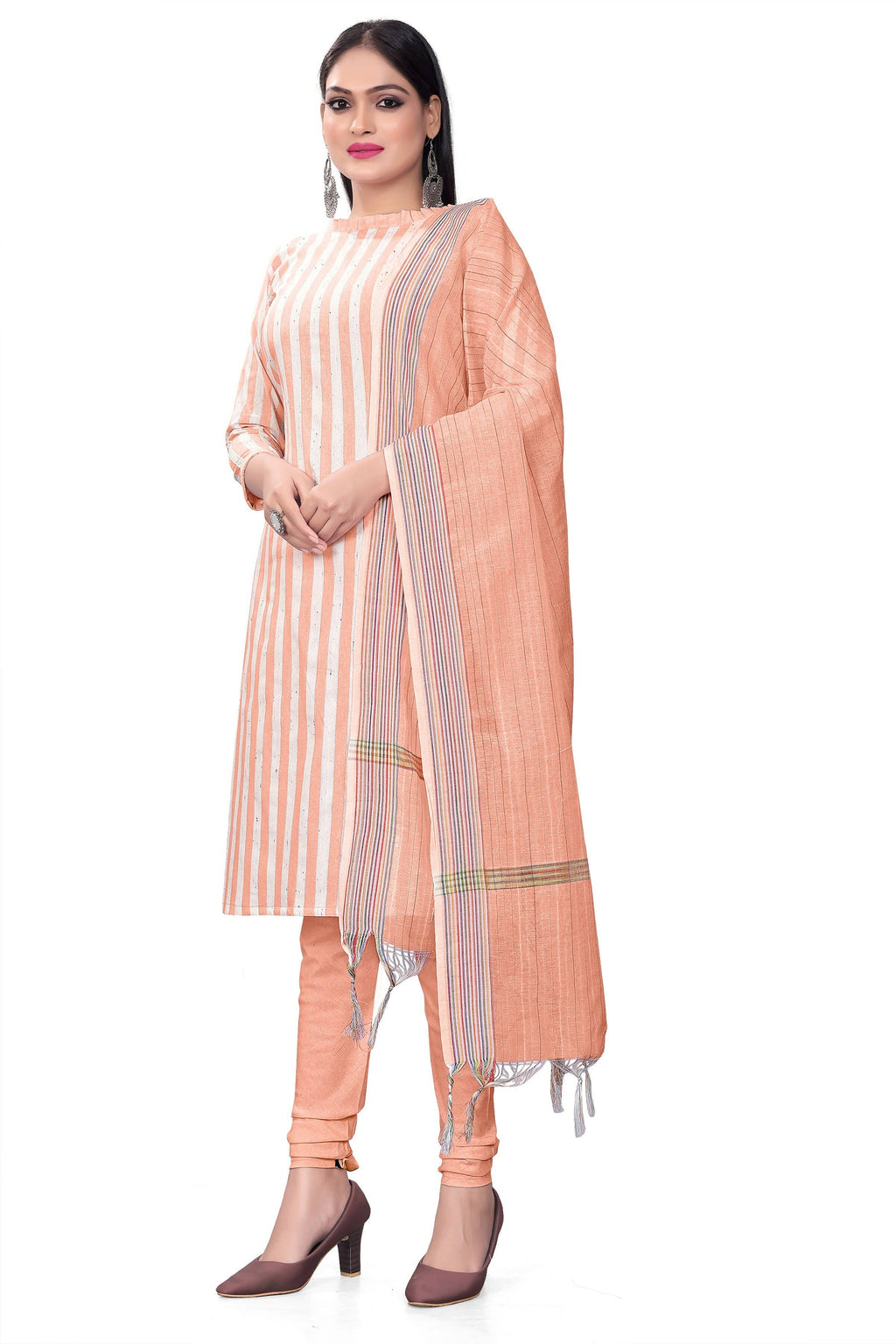 Peach Cotton Jacquard Woven Unstitched Dress Material - Amara