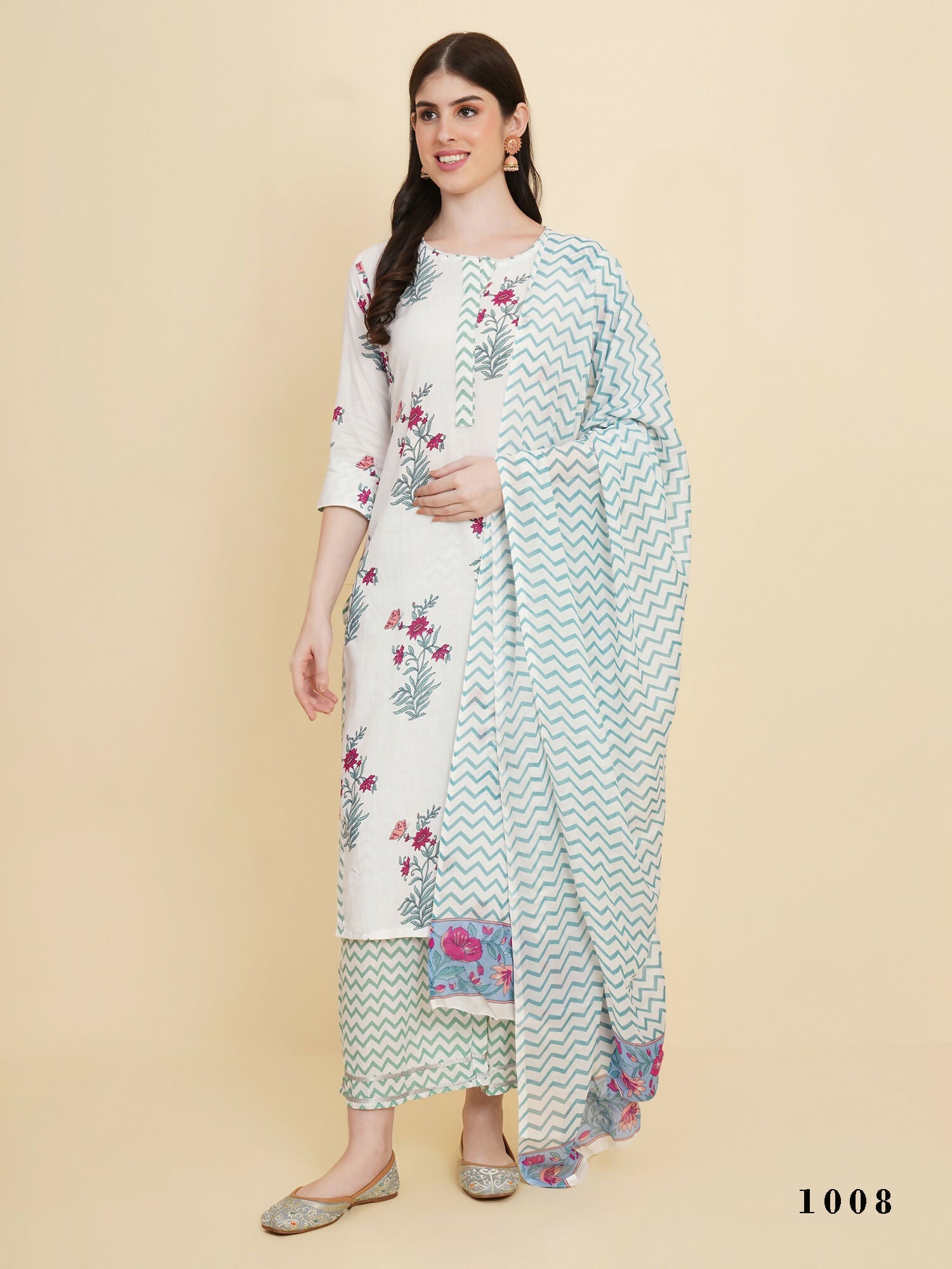 Designer Stylish white Cotton Stitched Suit With Dupatta - Tanisha