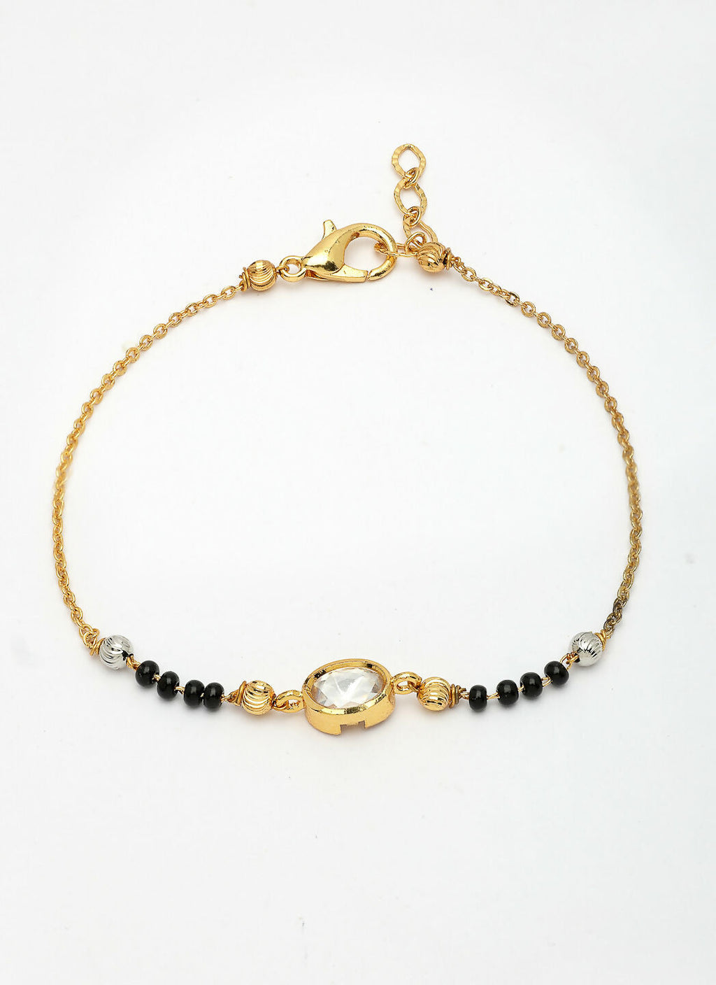 NVR Women Gold-Polished & Black Brass Stone-Studded Hand Mangalsutra Link Bracelet