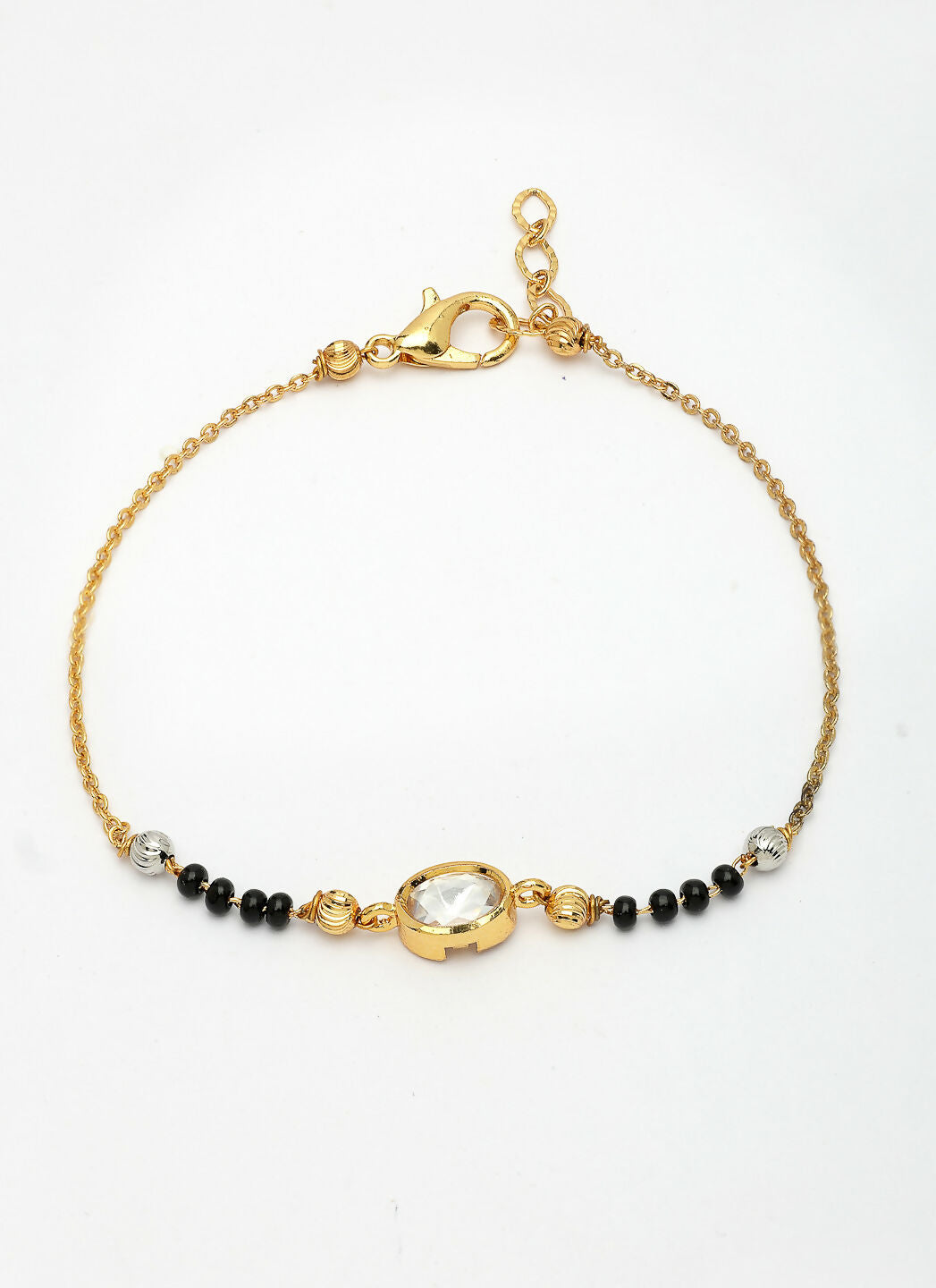 NVR Women Gold-Polished & Black Brass Stone-Studded Hand Mangalsutra Link Bracelet