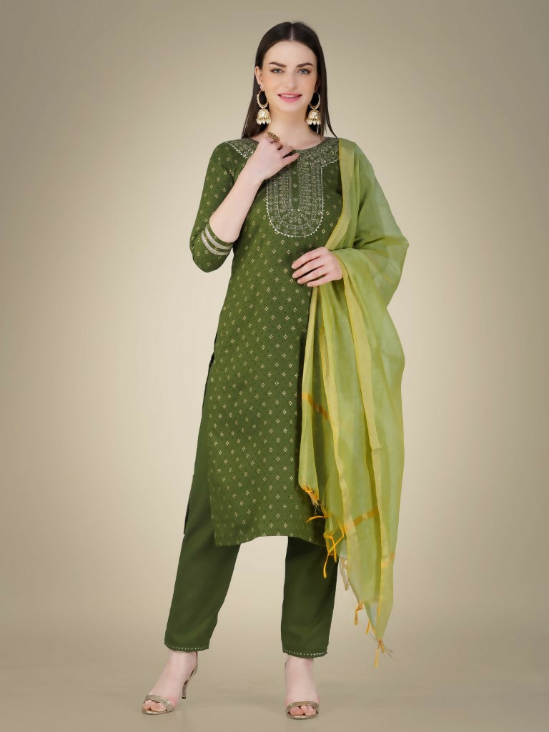 Jyoti Fashion Women's Mehendi Cotton Magic Slub Embroidery & Sequence work Kurta with Trouser & Dupatta