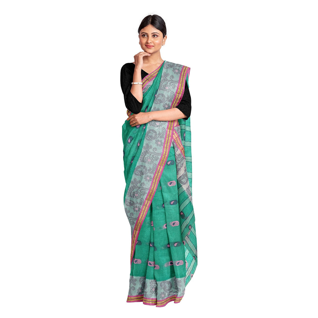 Exclusive Collection 100% Pure Cotton Green Tant Saree With Hand Weaving Work
