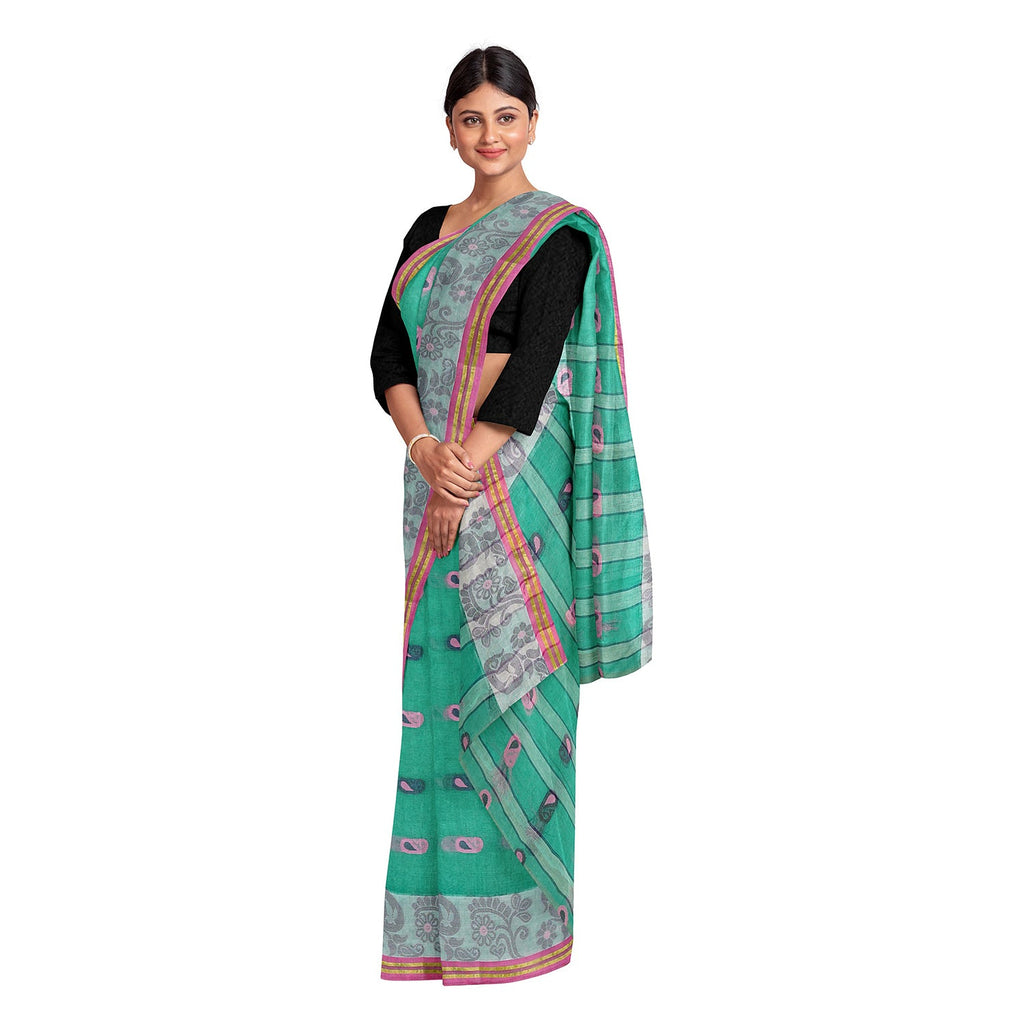 Exclusive Collection 100% Pure Cotton Green Tant Saree With Hand Weaving Work