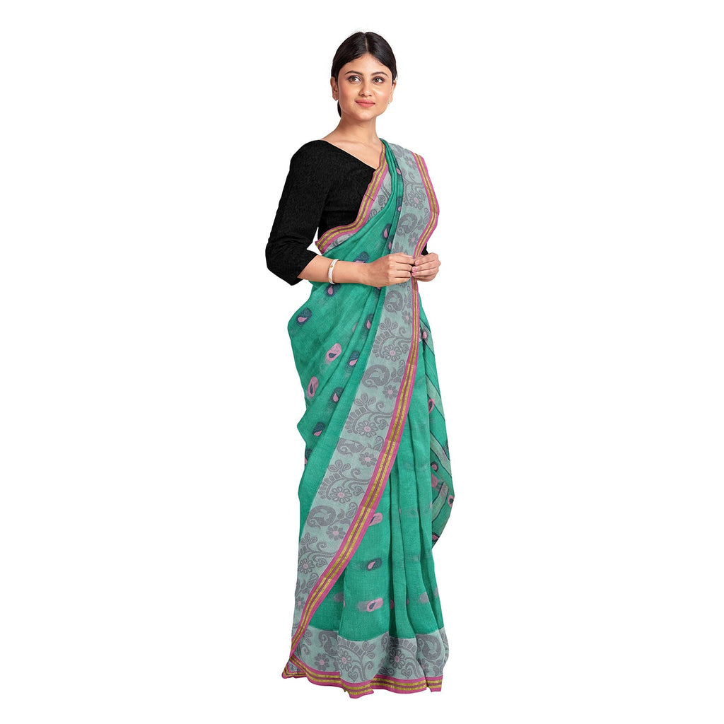 Exclusive Collection 100% Pure Cotton Green Tant Saree With Hand Weaving Work