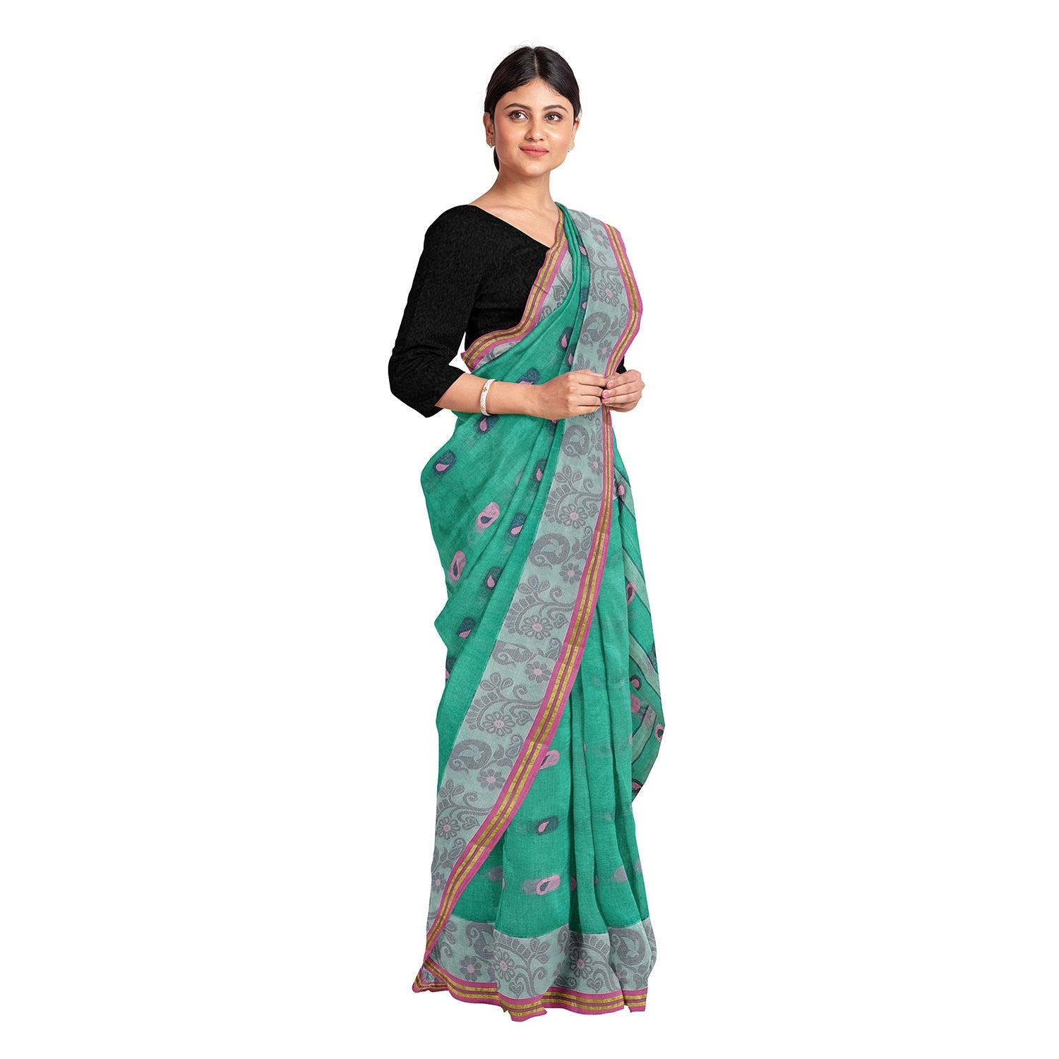 Exclusive Collection 100% Pure Cotton Green Tant Saree With Hand Weaving Work