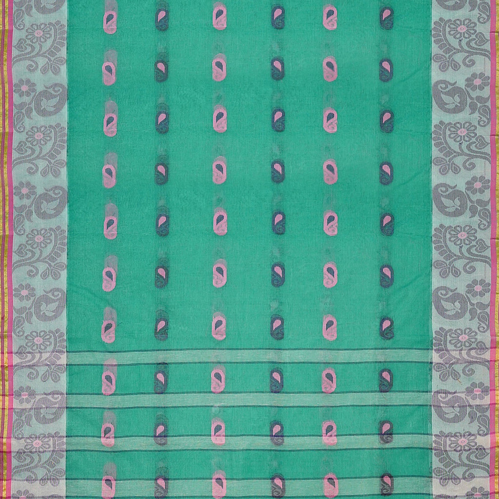 Exclusive Collection 100% Pure Cotton Green Tant Saree With Hand Weaving Work