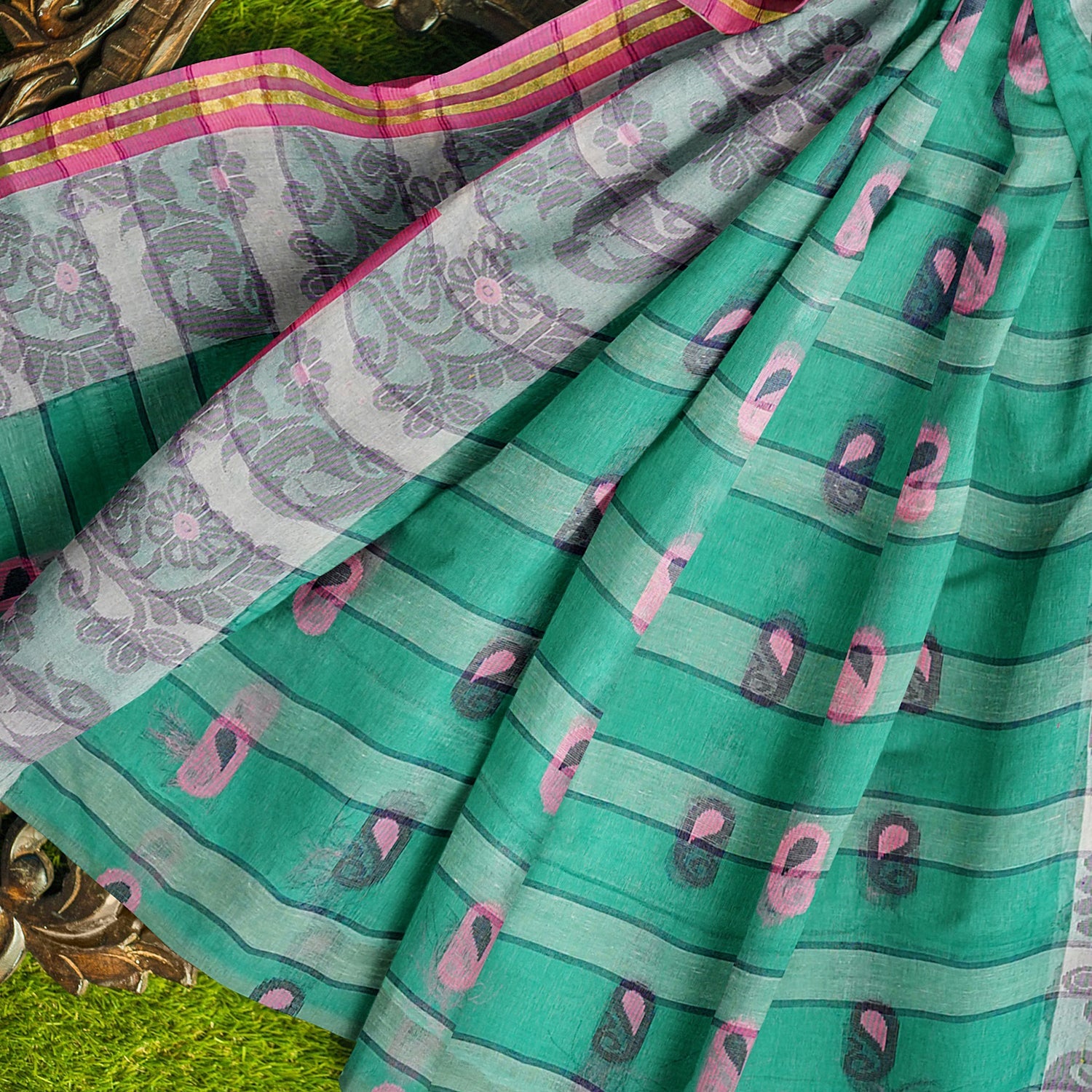 Exclusive Collection 100% Pure Cotton Green Tant Saree With Hand Weaving Work