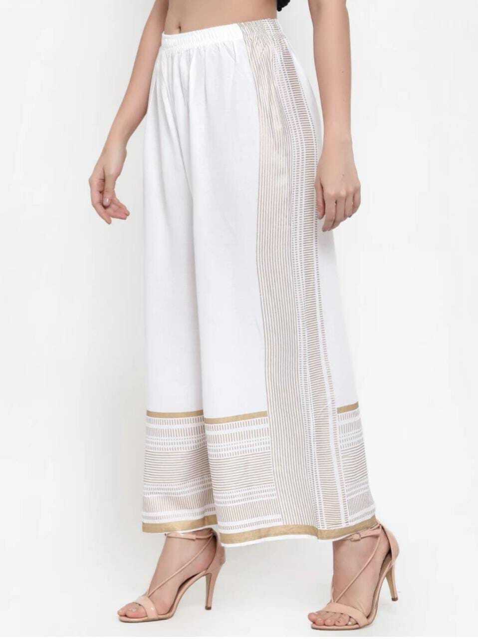 PAVONINE White Color Rayon Fabric Side Print Palazzo For Women