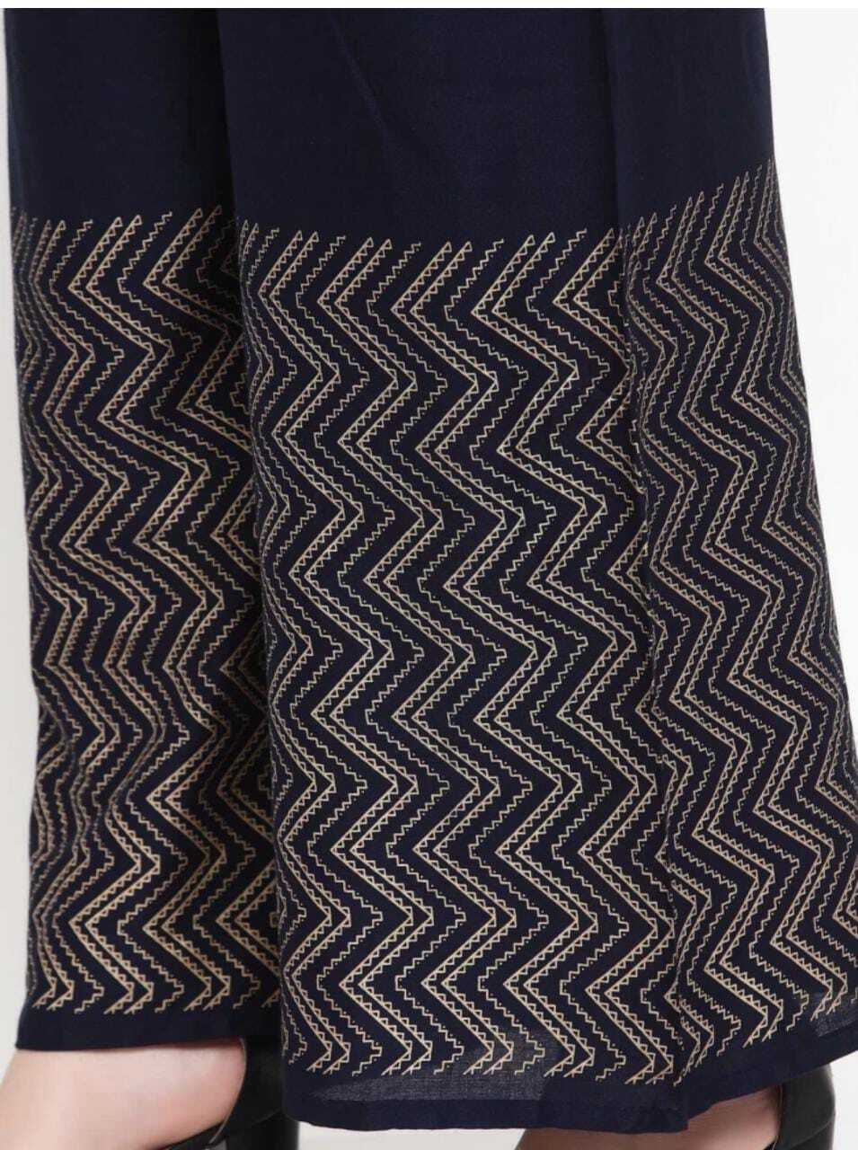 PAVONINE Navy Blue Color Rayon Fabric Zig-Zag Printed Palazzo For Women