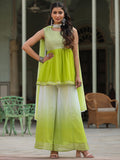 Juniper Women's Green Solid Georgette Kurta Pant & Dupatta Set With Mirror & Thread Work