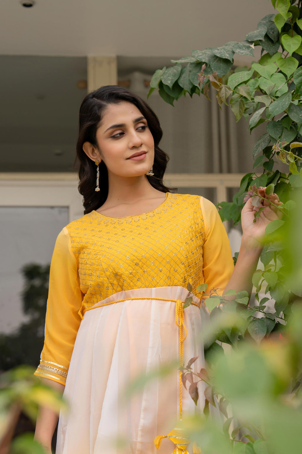 Juniper Women's Yellow Printed Georgette Dress With Doris At Waist & Sequins