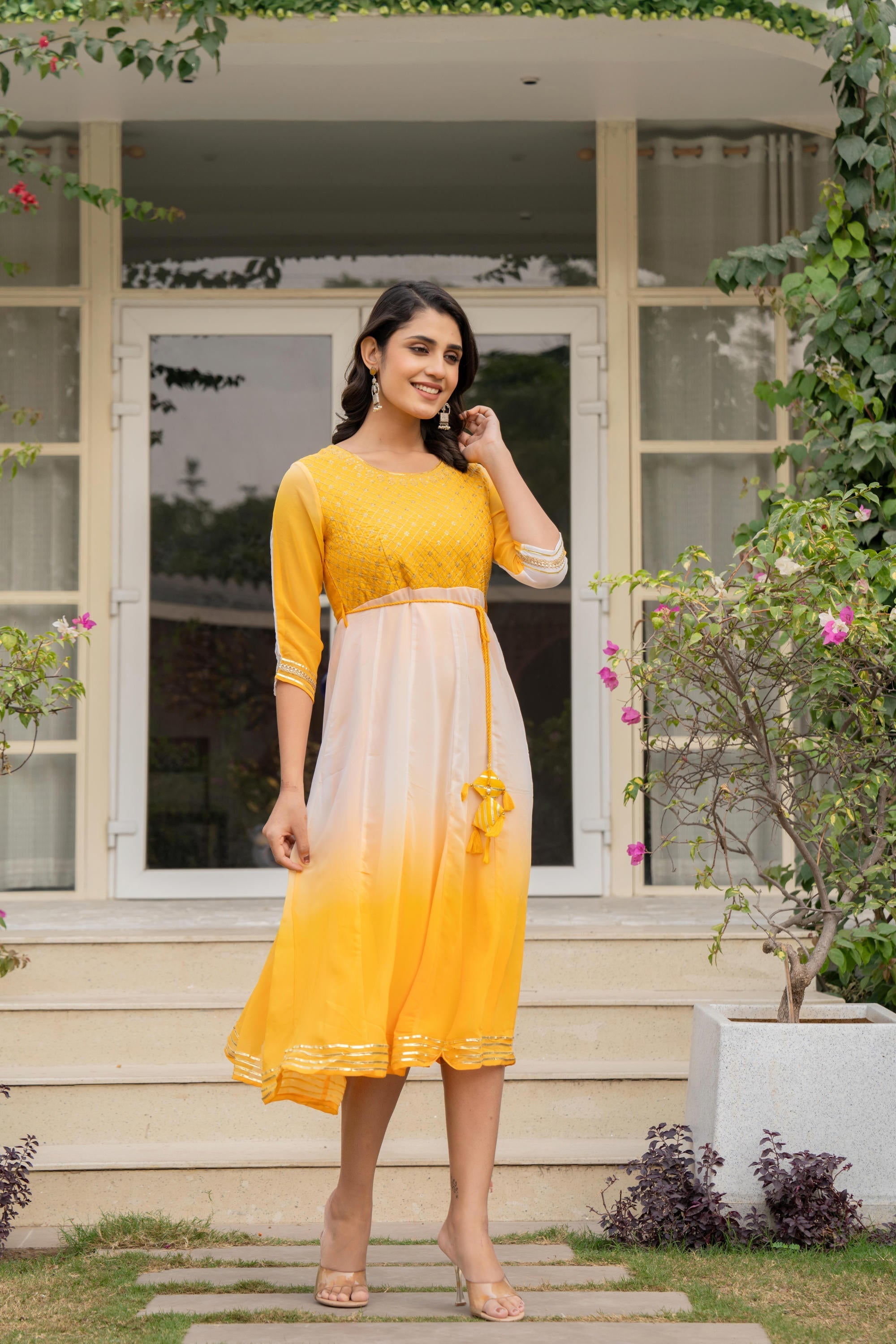 Juniper Women's Yellow Printed Georgette Dress With Doris At Waist & Sequins