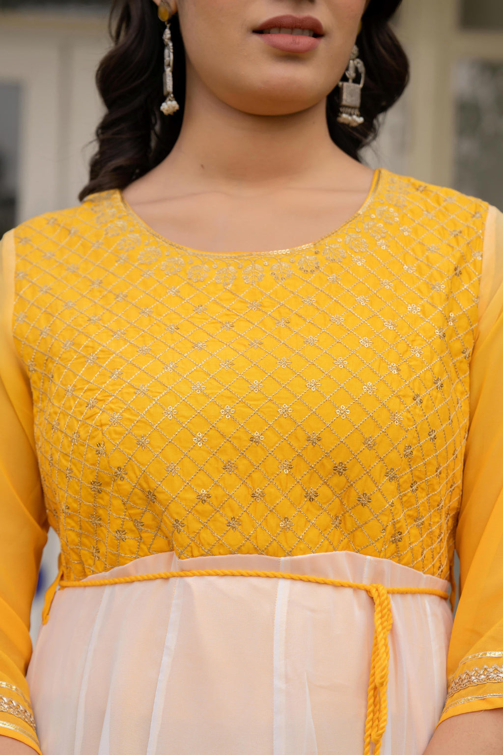 Juniper Women's Yellow Printed Georgette Dress With Doris At Waist & Sequins