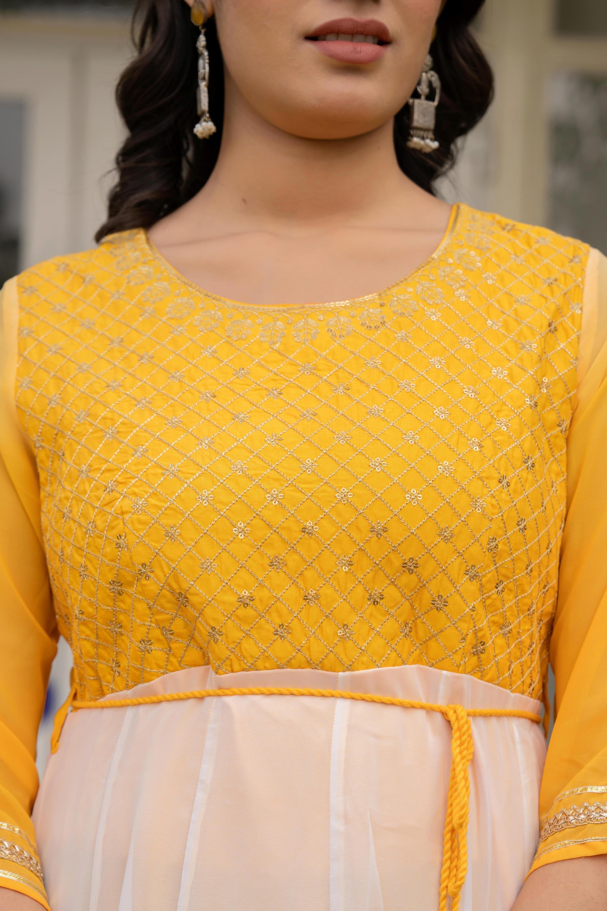 Juniper Women's Yellow Printed Georgette Dress With Doris At Waist & Sequins