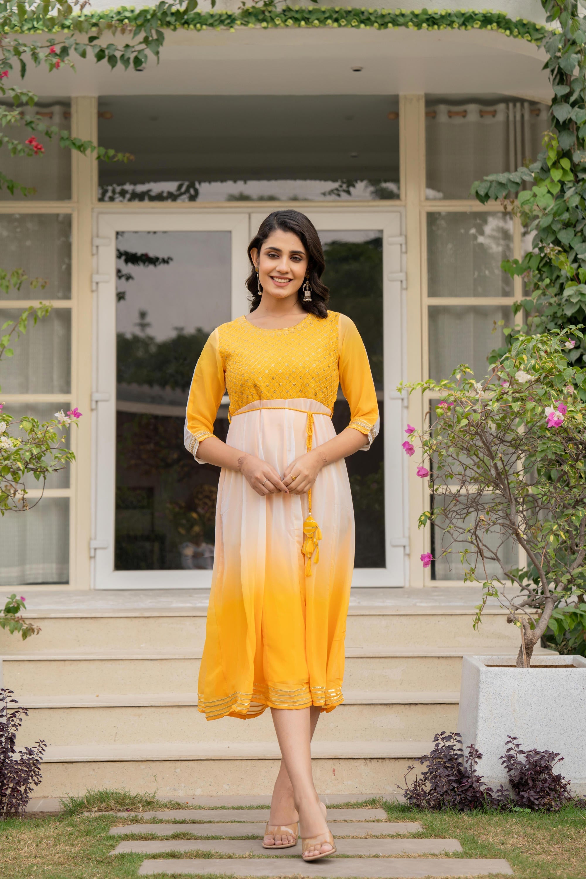 Juniper Women's Yellow Printed Georgette Dress With Doris At Waist & Sequins