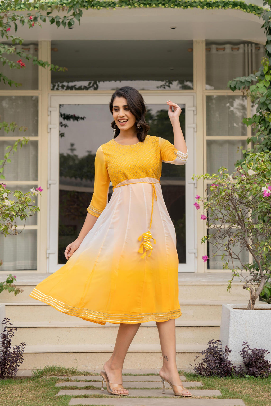 Juniper Women's Yellow Printed Georgette Dress With Doris At Waist & Sequins
