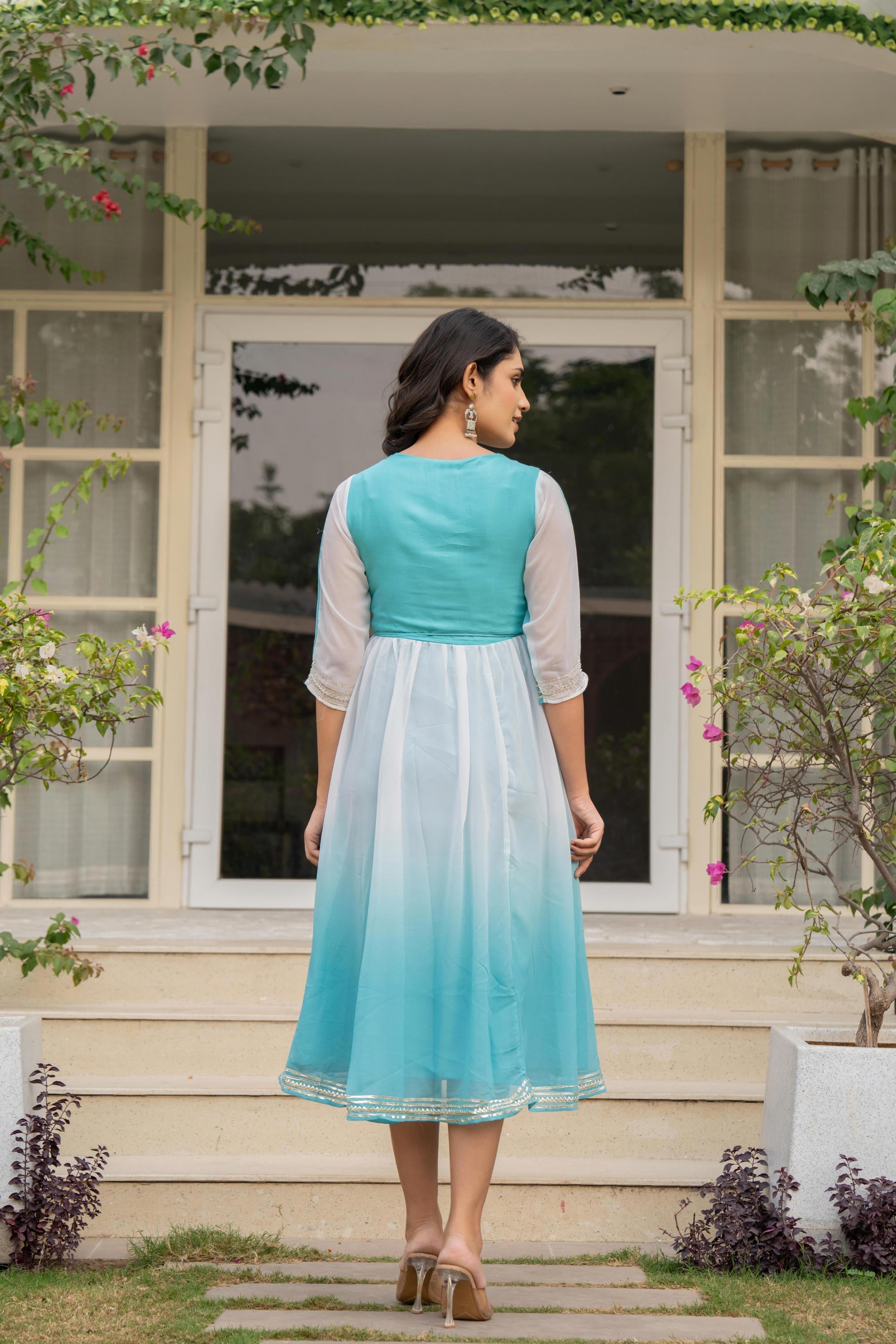 Juniper Women's Teal Solid Georgette Dress With Doris At Waist & Mirror Work