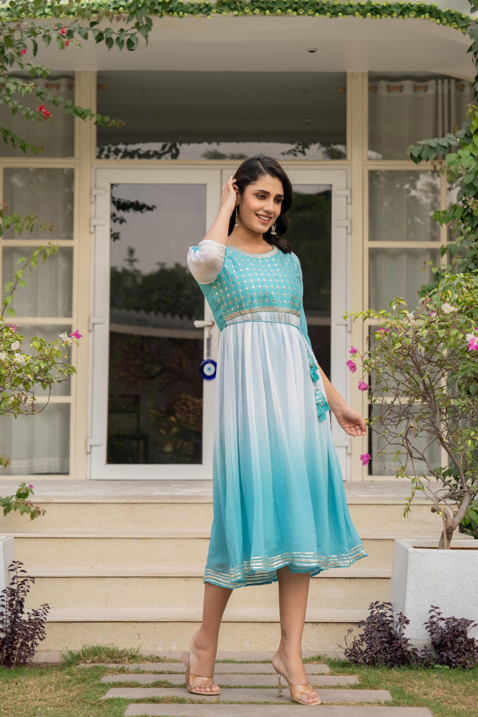 Juniper Women's Teal Solid Georgette Dress With Doris At Waist & Mirror Work
