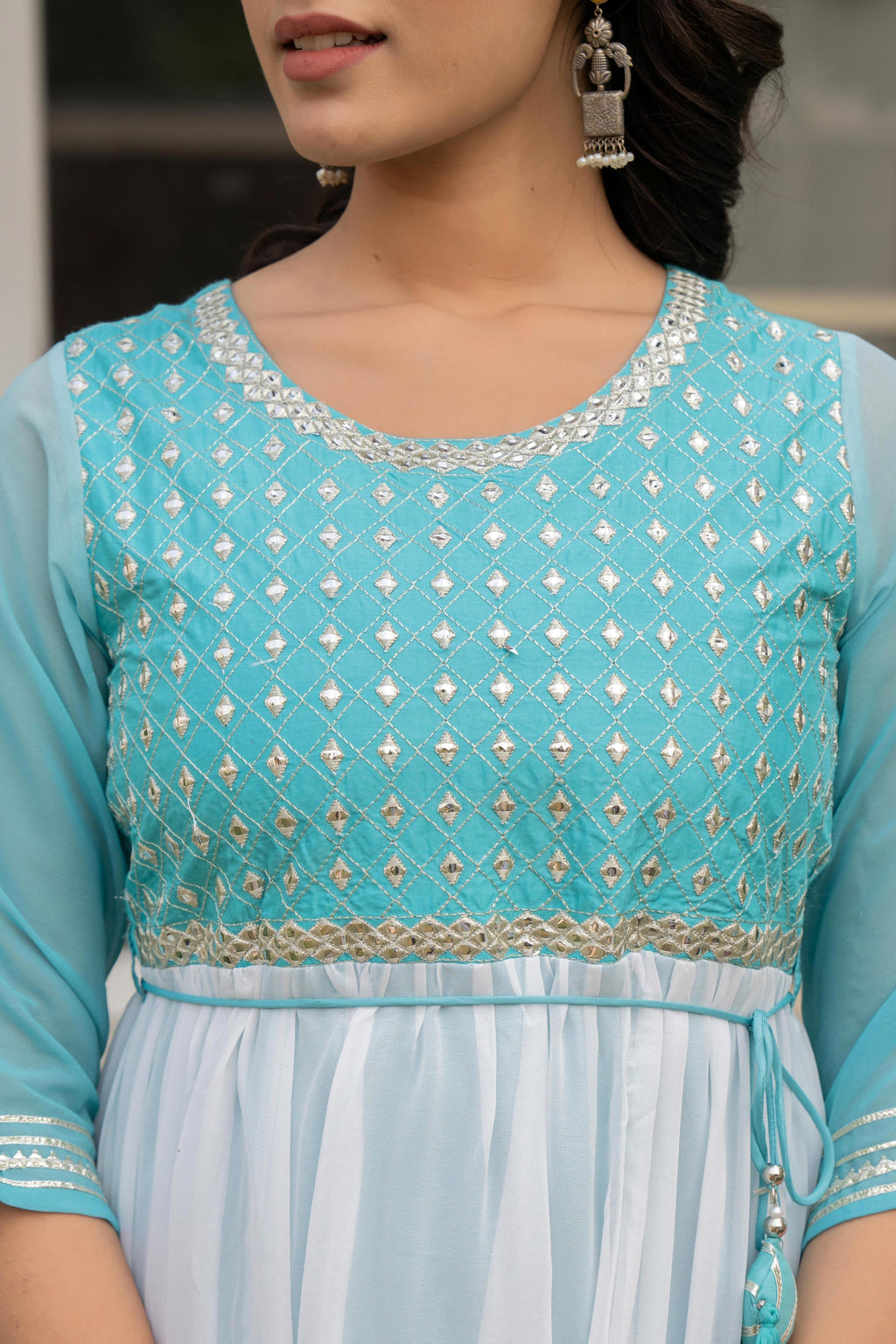 Juniper Women's Teal Solid Georgette Dress With Doris At Waist & Mirror Work