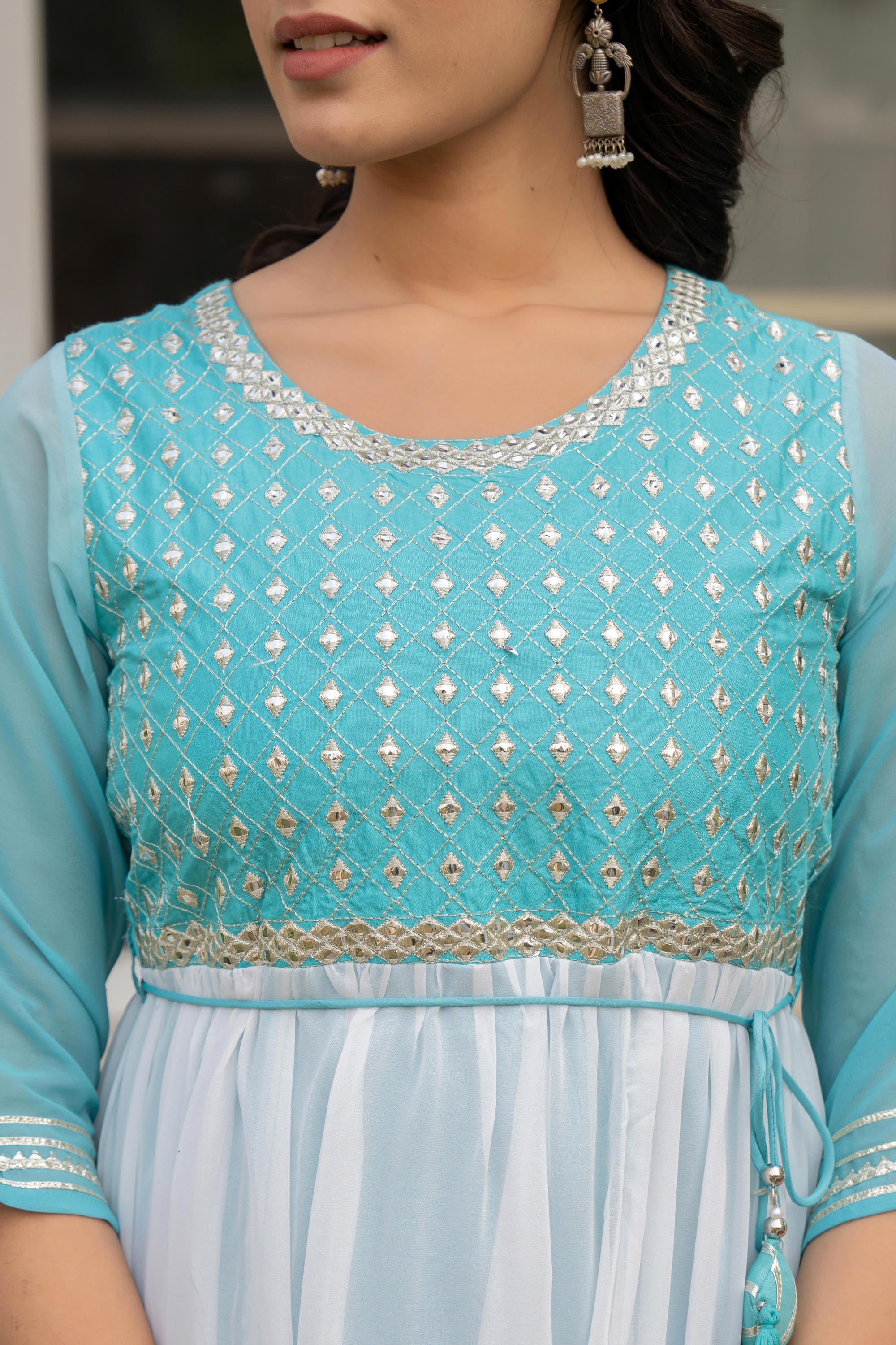 Juniper Women's Teal Solid Georgette Dress With Doris At Waist & Mirror Work