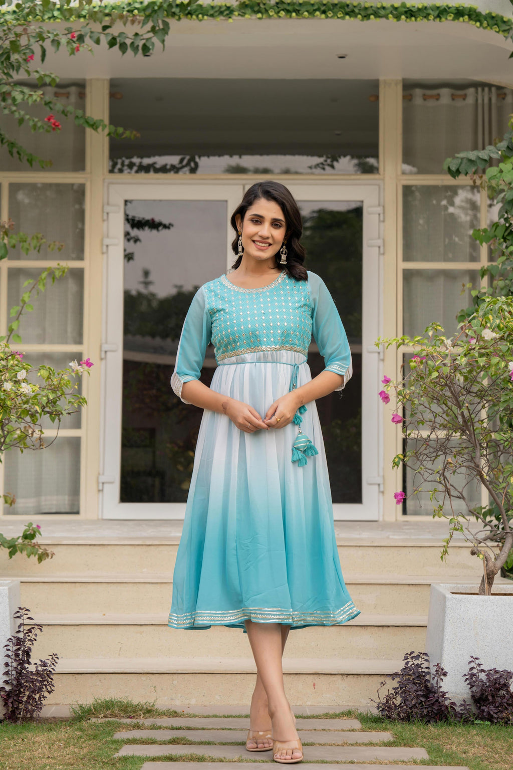 Juniper Women's Teal Solid Georgette Dress With Doris At Waist & Mirror Work