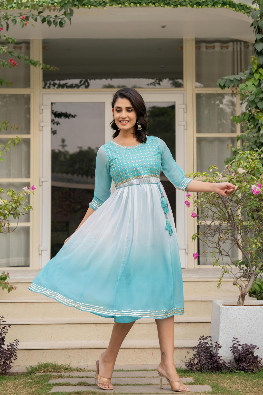 Juniper Women's Teal Solid Georgette Dress With Doris At Waist & Mirror Work