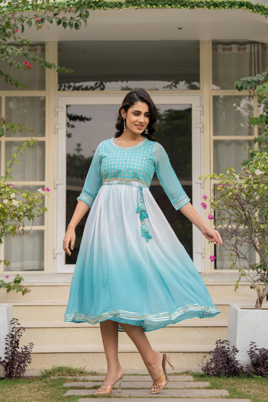 Juniper Women's Teal Solid Georgette Dress With Doris At Waist & Mirror Work