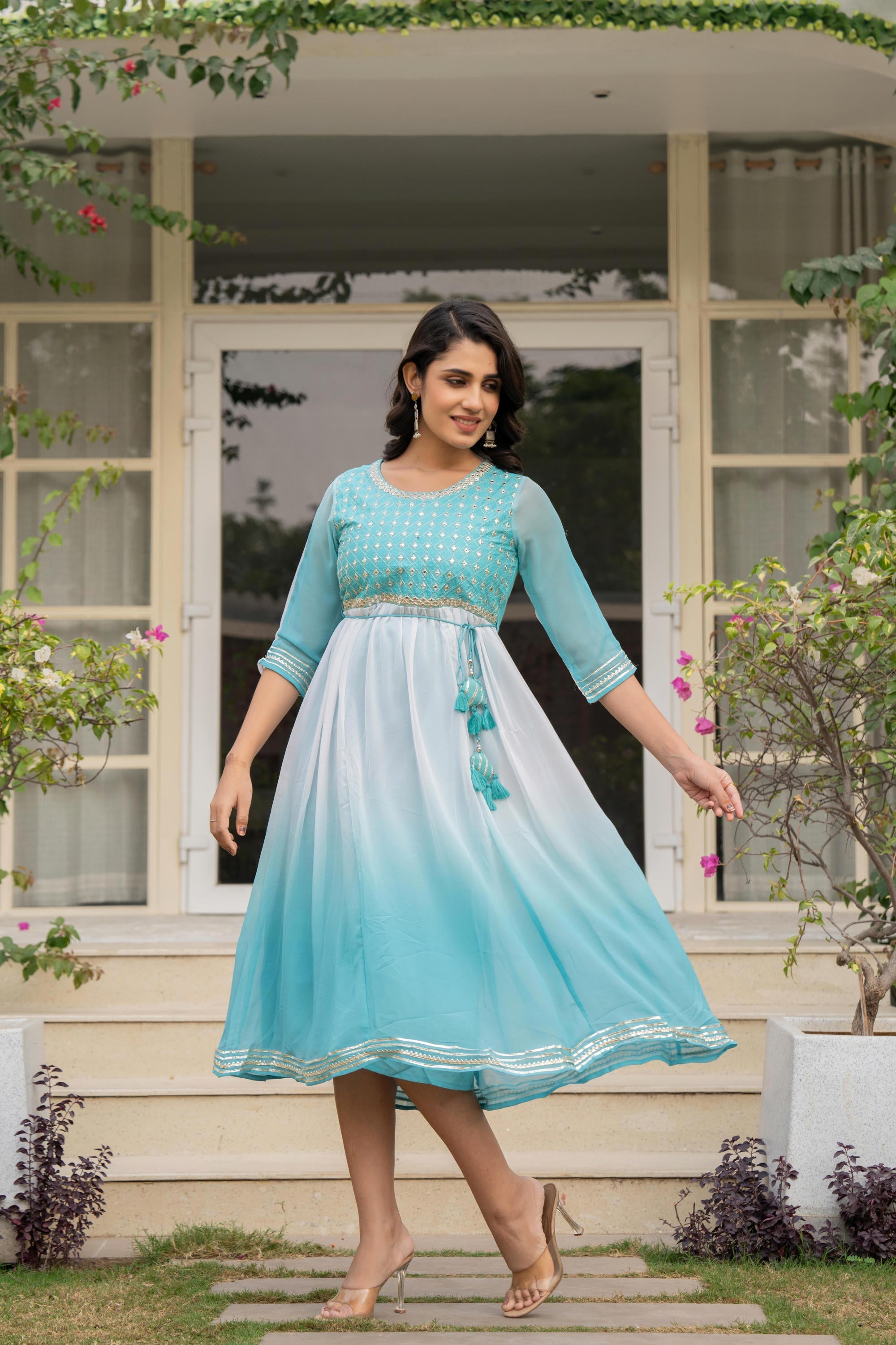 Juniper Women's Teal Solid Georgette Dress With Doris At Waist & Mirror Work