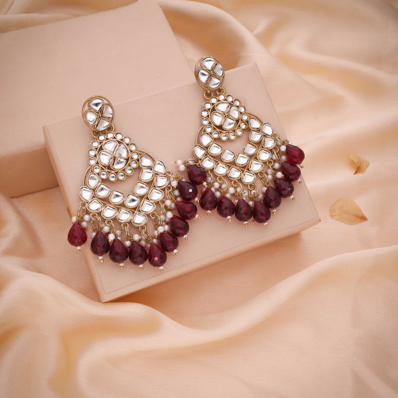 Tehzeeb Creations Gold Polish Kundan Maroon Colour Earrings