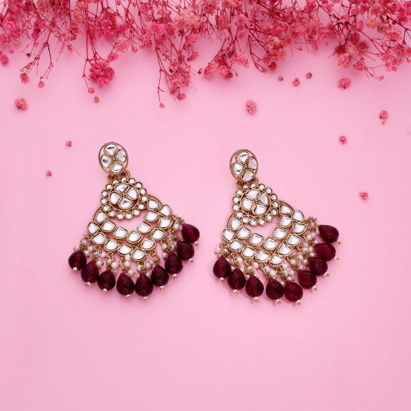 Tehzeeb Creations Gold Polish Kundan Maroon Colour Earrings
