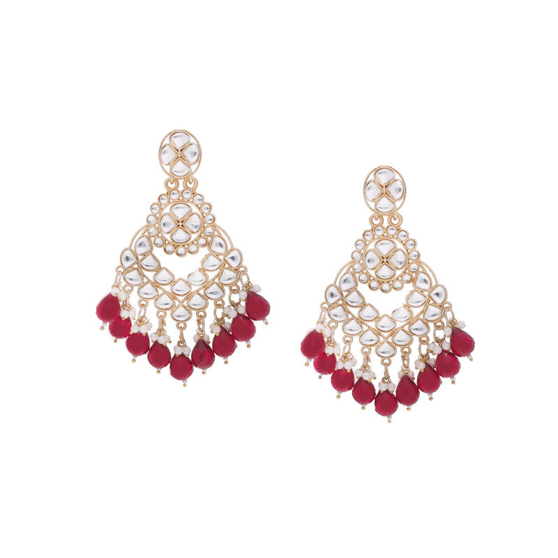 Tehzeeb Creations Gold Polish Kundan Maroon Colour Earrings