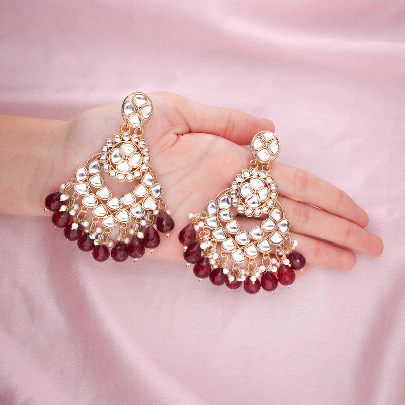 Tehzeeb Creations Gold Polish Kundan Maroon Colour Earrings