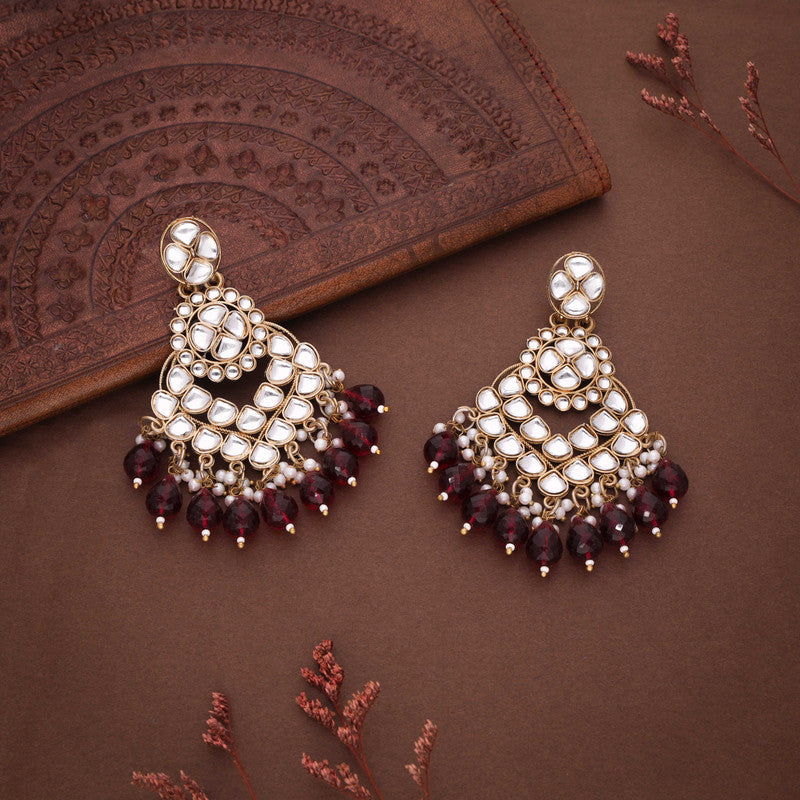 Tehzeeb Creations Gold Polish Kundan Maroon Colour Earrings