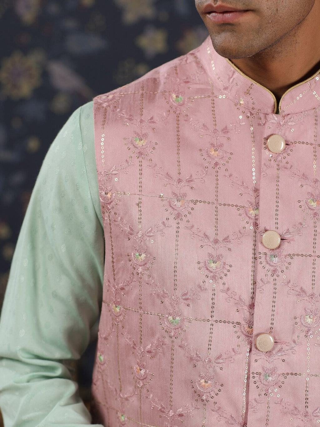 House of Pataudi Mandarin Collar Straight Kurta With Churidar & Embroidered Nehru Jacket