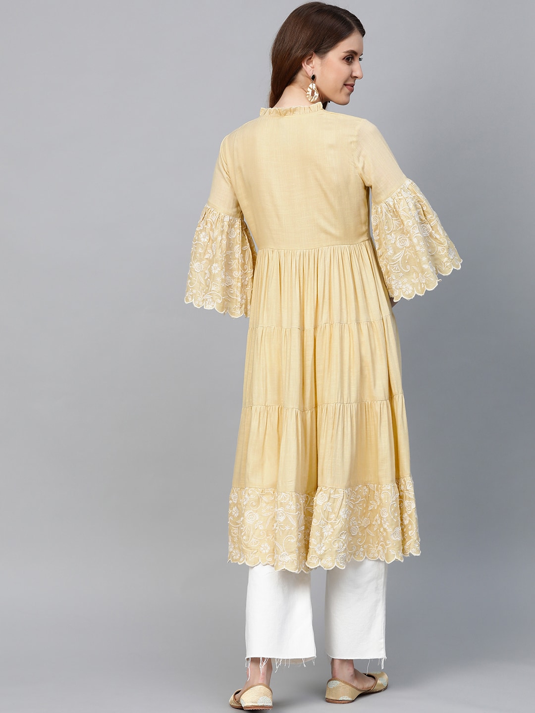 HERE&NOW Women Yellow Solid Tiered Anarkali Kurta