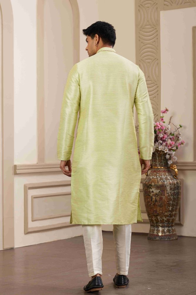 Raivat Ethnic Banarasi Art Silk Hand Work Kurta Pajama In Pista Green Colour