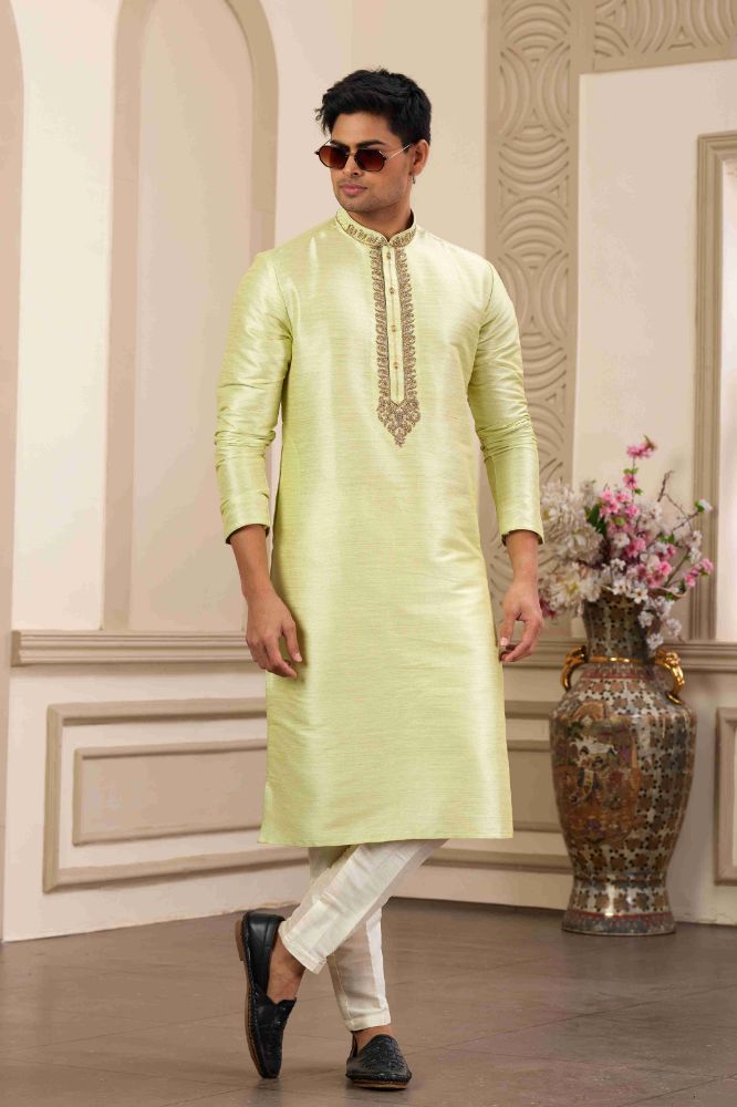 Raivat Ethnic Banarasi Art Silk Hand Work Kurta Pajama In Pista Green Colour