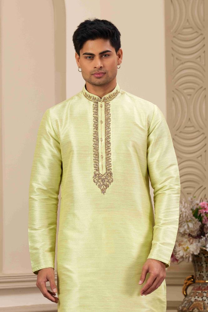 Raivat Ethnic Banarasi Art Silk Hand Work Kurta Pajama In Pista Green Colour