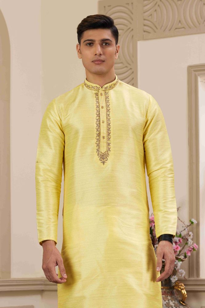 Raivat Ethnic Banarasi Art Silk Hand Work Kurta Pajama In Lemon Yellow Colour