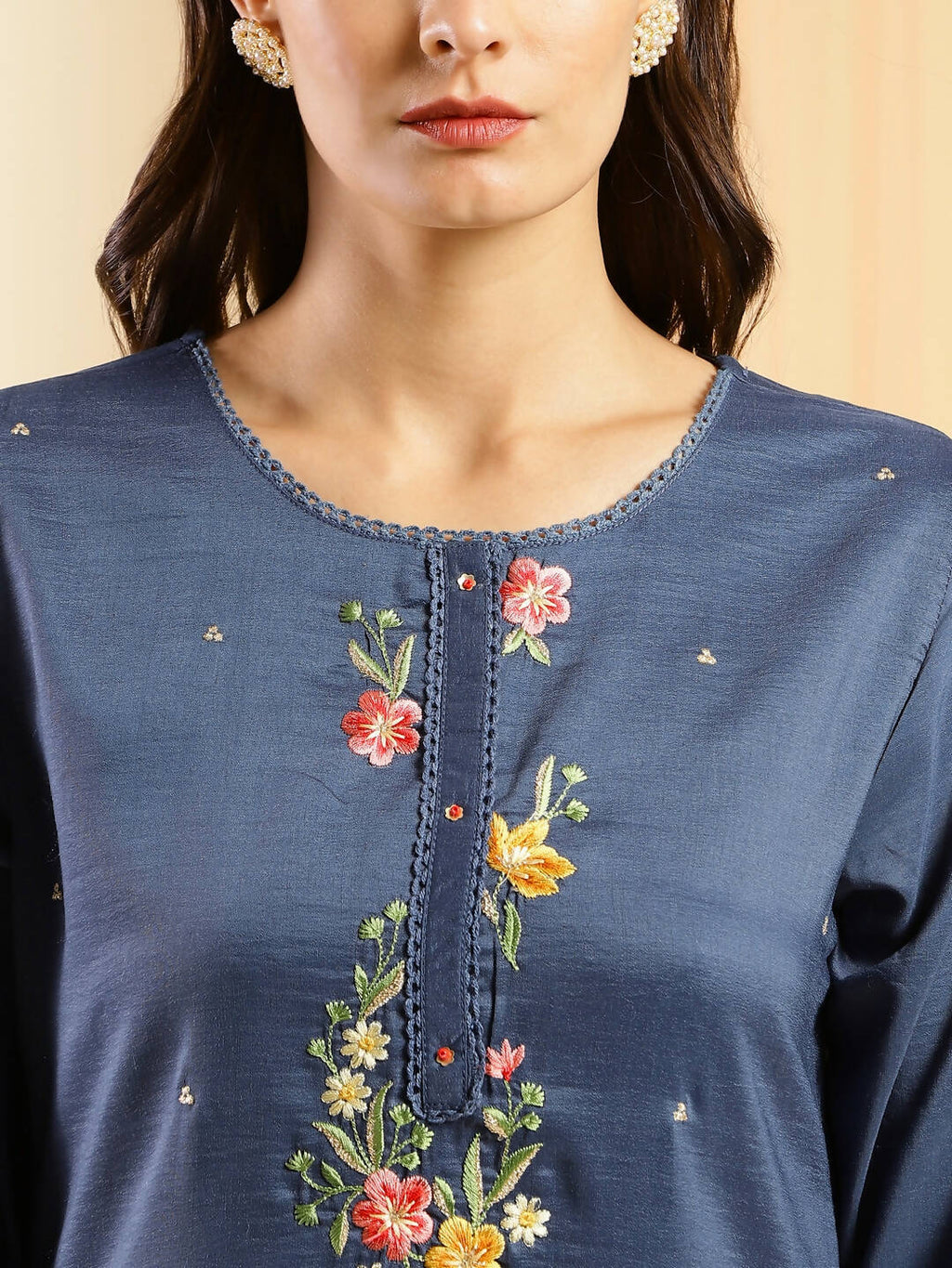 Blue Chinon Embroidered Straight Kurta with Trouser & Dupatta - Salimar