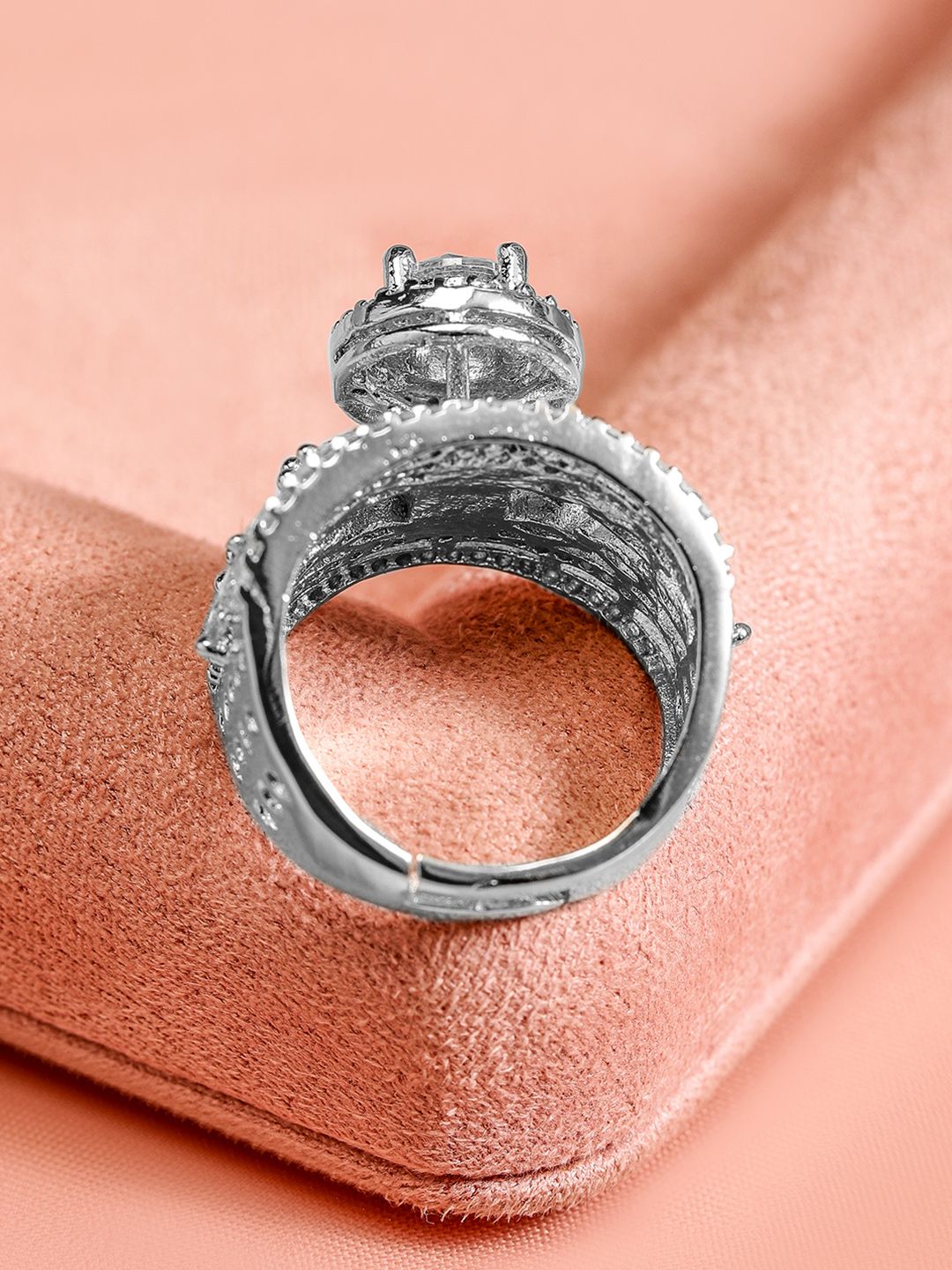 Rubans Women Rhodium Plated Cubic Zirconia Studded Adjustable Finger Ring