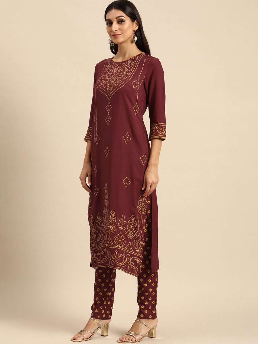 All About You Women Maroon Bandhani Printed Kurta with Trousers