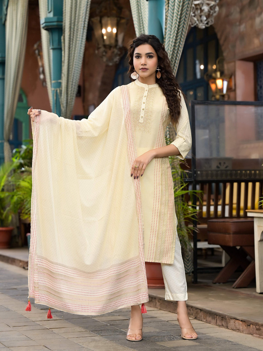 Juniper Women's Ivory Ethnic Motif Printed Liva Rayon Kurta Set With Buttons & Tassels