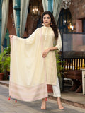 Juniper Women's Ivory Ethnic Motif Printed Liva Rayon Kurta Set With Buttons & Tassels