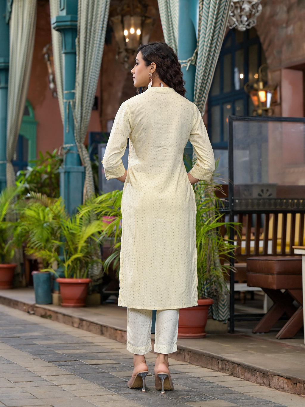 Juniper Women's Ivory Ethnic Motif Printed Liva Rayon Kurta Set With Buttons & Tassels
